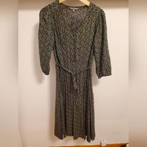 Laura Ashley floral dress. V neck. 3/4 sleeves. Black, green, pink. Size 6.